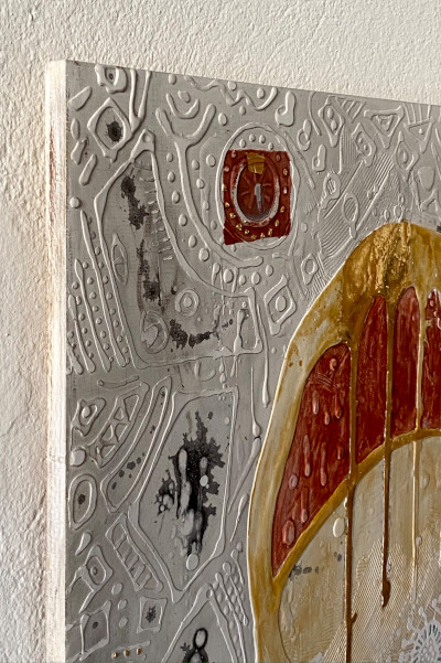 'Geburt' ist ein Beispiel für ein Goldbild auf Holz. Hier ein Ausschnitt des Goldbildes.