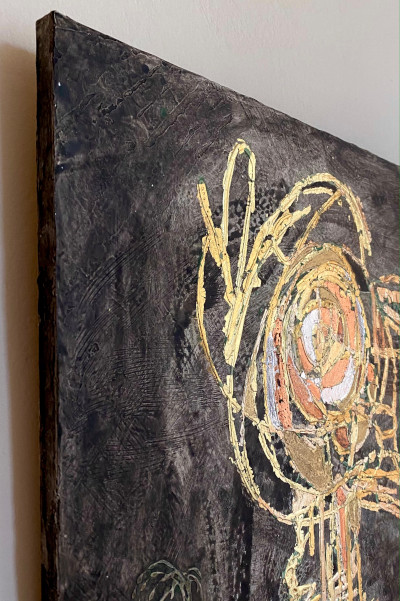 'Streitwagen' ist ein Beispiel für ein Goldbild auf Holz. Hier ein Ausschnitt des Goldbildes.