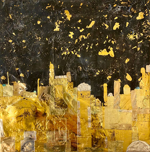 Goldbild, TausendundeineNacht, Blattgold und Blattsilber auf Pappe und Leinwand 2024  · 30x30cm