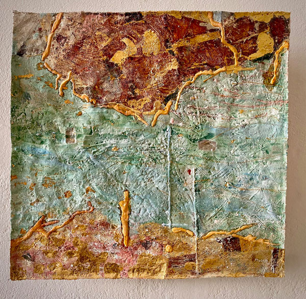 Goldbild, Allein in der Fülle, Gold und Silber auf schwebender Leinwand 2021 · 44x42cm