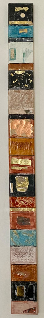 Goldbild, Drei Stehlen 2025 · je 10x120, Gold, Silber, Kupfer, Namibiasand, Schellack, verschiedene Polimente