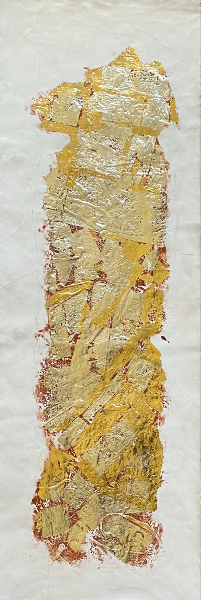 Entwicklung des Goldbild, Ohne Titel 2024 · 46 x 103, in schwarzem, satinierten Holzrahmen gebettet, meist 23 Karat Gold, auch 21 Karat Gold, sowie oxydiertes Silber