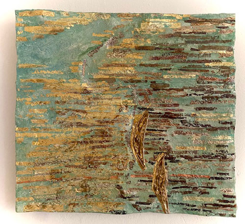 Goldbild, Surfing, Blattgold und Blattsilber auf Pappe und Leinwand 2024  · 42x40cm 